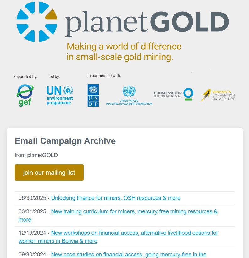 Image of planetGOLD newsletter with donor, implementing agency and partner logos