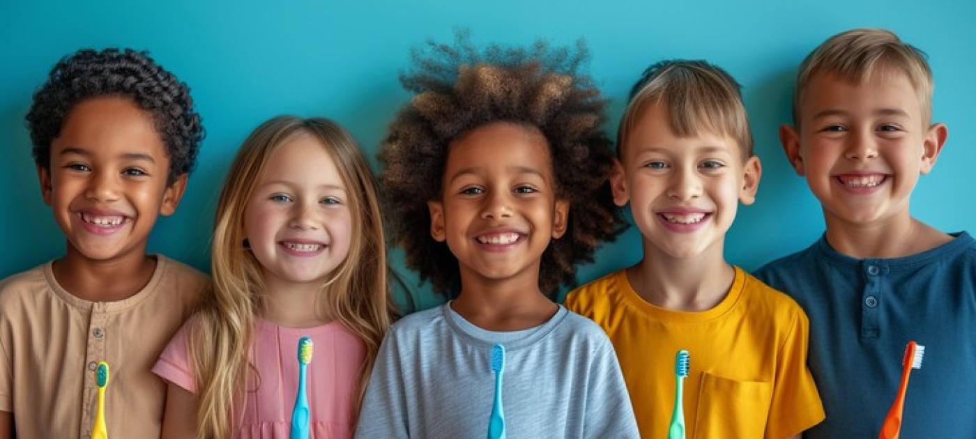 happy kids smiling with tooth brushes