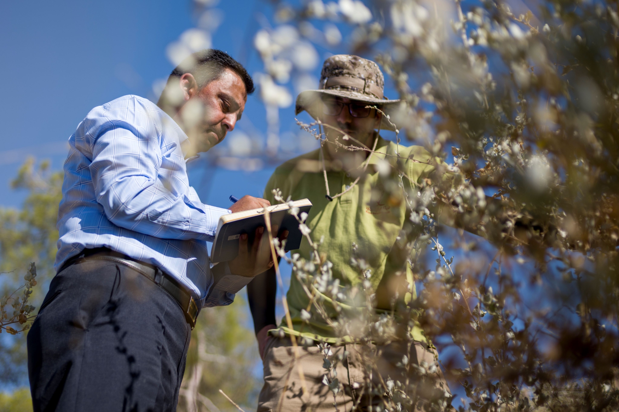 Mustafa Shudiefat, the Programs and Projects Director at the Royal Botanic Garden, measuring and recording plant growth in the garden along with a staff member.