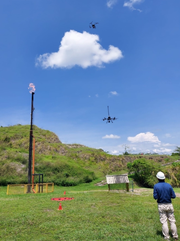 A scientist uses a drone to collect methane measurements from an oil and gas production site in Colombia, as part of an IMEO baseline science study. Baseline studies combine measurements and inventory data to help countries estimate their annual methane emissions. &nbsp;