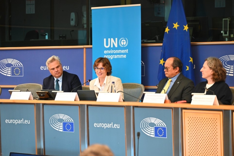 European Commissioner Jessika Roswall, seated second from the left, addresses the conference. Left of her Anthony Agotha, EU Special Envoy for Climate and Environment, European External Action Service, and to the right, Mr. Rolph Payet, United Nations Executive Secretary for the Basel, Rotterdam and Stockholm Conventions. Ms. Monika Stankiewicz, Executive Secretary of the Minamata Convention.
