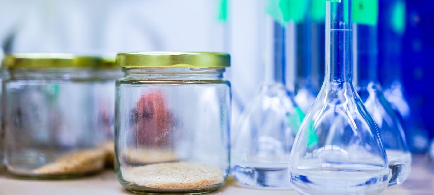 Beakers and glass bottles in a lab.
