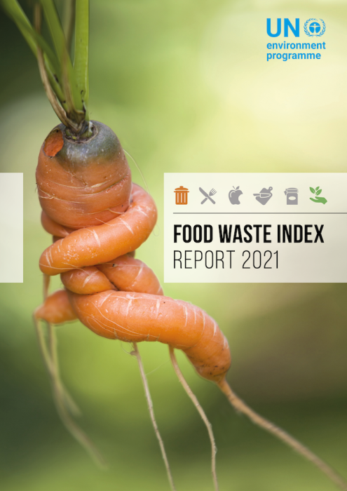 Cover page of Food Waste Index Report 2021 shows an illustration of a carrot