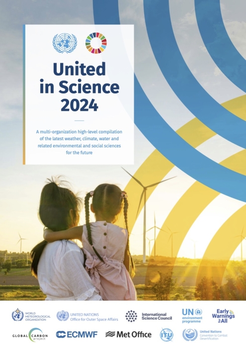  The cover of "United in Science 2024" shows a woman holding a child, both looking at wind turbines in a sunny landscape, symbolizing clean energy and a hopeful future. The title and subtitle describe the report as a high-level compilation of the latest climate and environmental sciences. 