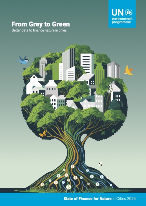 Report cover with an illustration of buildings and birds in a tree