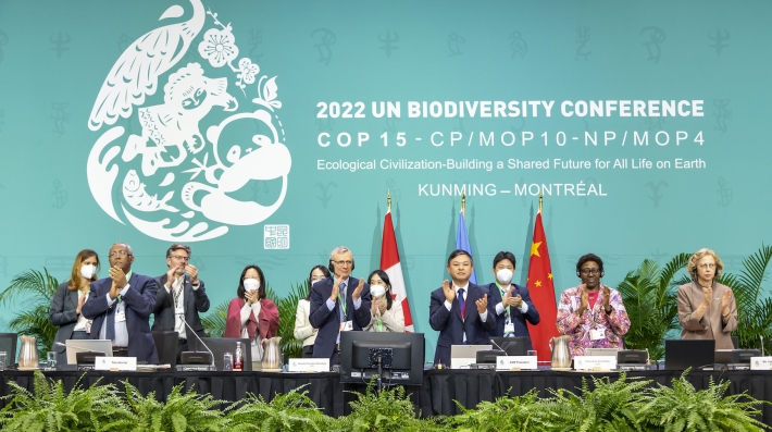 Dignitaries celebrate upon COP15 adoption of the Kunming-Montreal-Framework