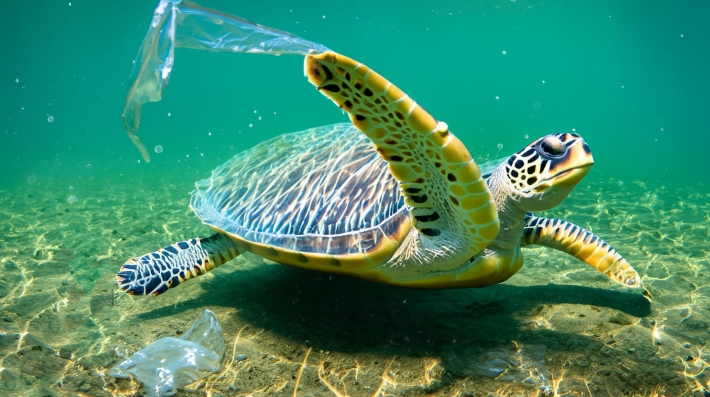 A turtle surrounded by plastic in the ocean