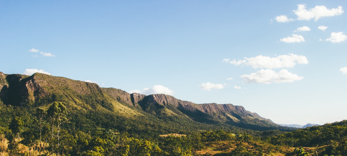 Imagem mostra o cerrado, com imagem das montanhas da Chapada dos Veadeiros
