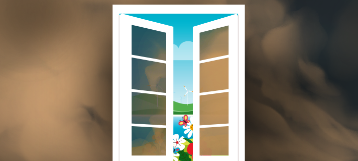 Ilustration of wind turbines, buildings and factory pipes