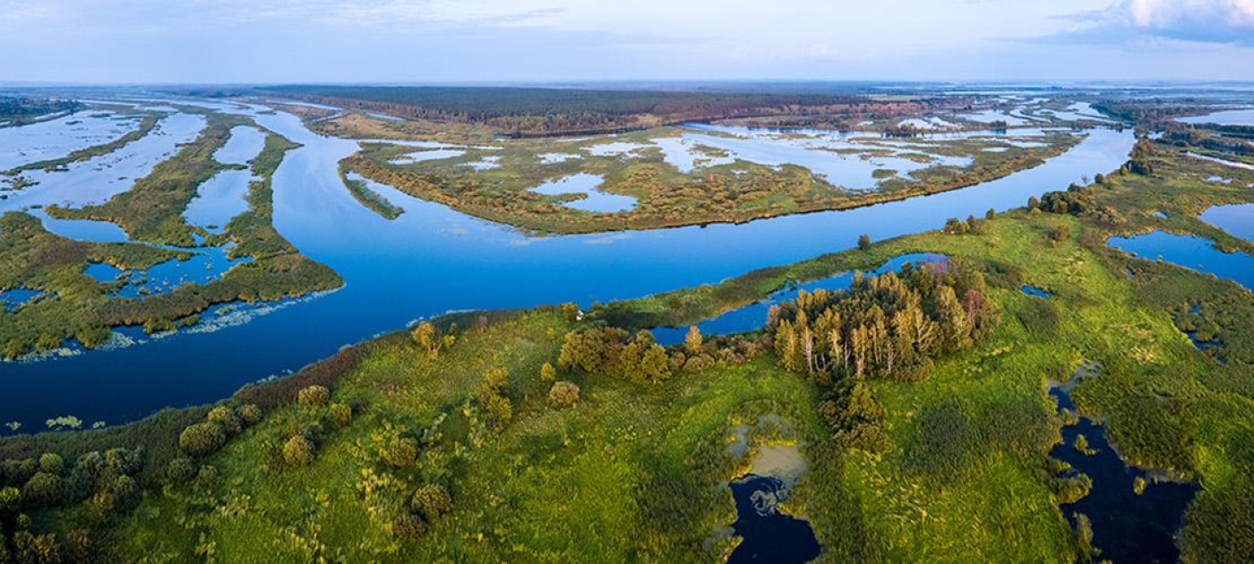 Aerial view of the river of Kama and its wetlands, Russia.