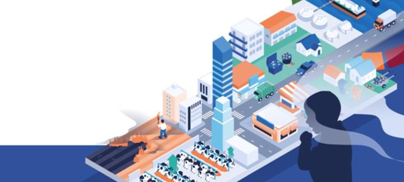 Blank social media card featuring a city illustration.