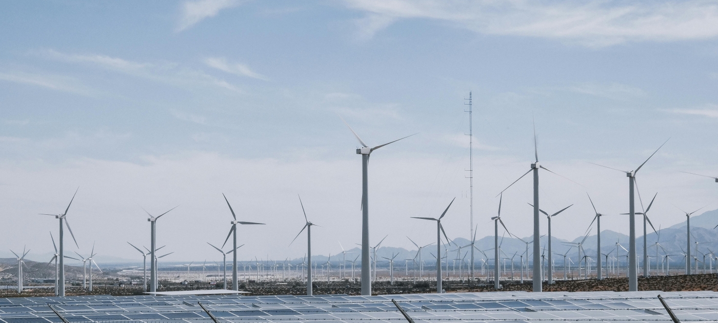 Wind turbines in a solar panel farm