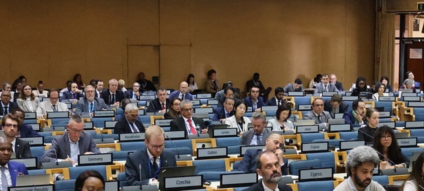 Pictures of delegates sitting in a room, listening to a speaker