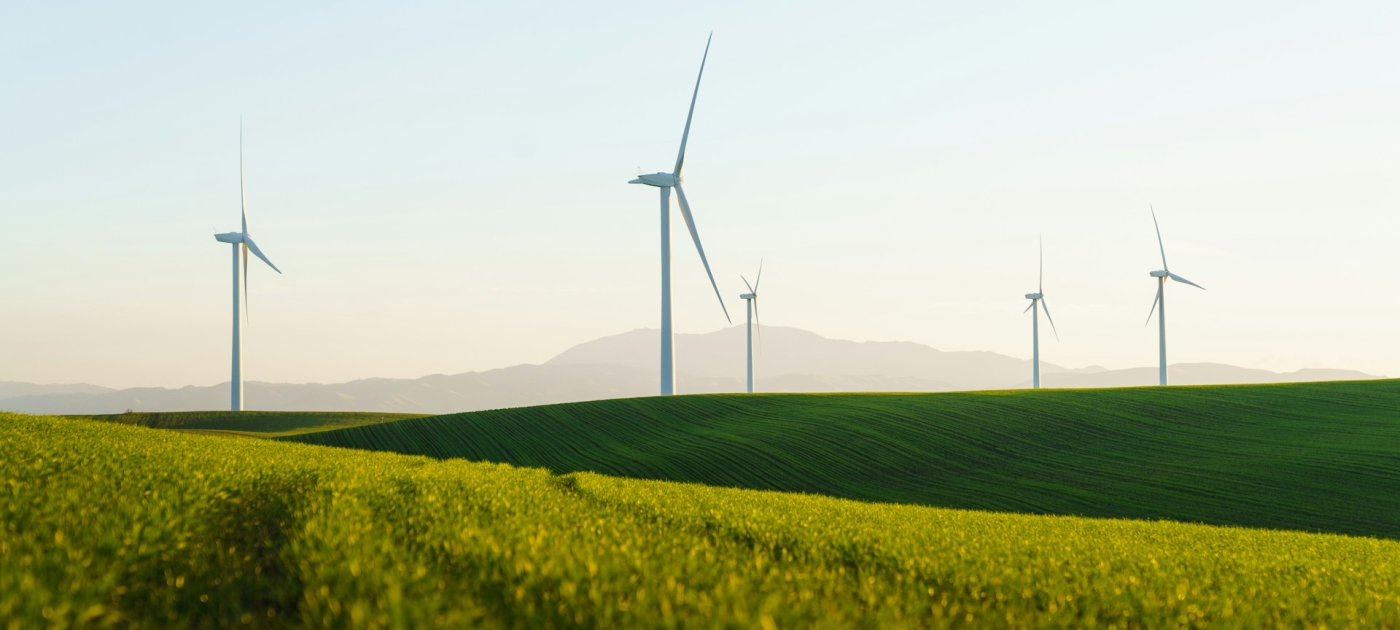 A field of green grass with wind turbines in the background