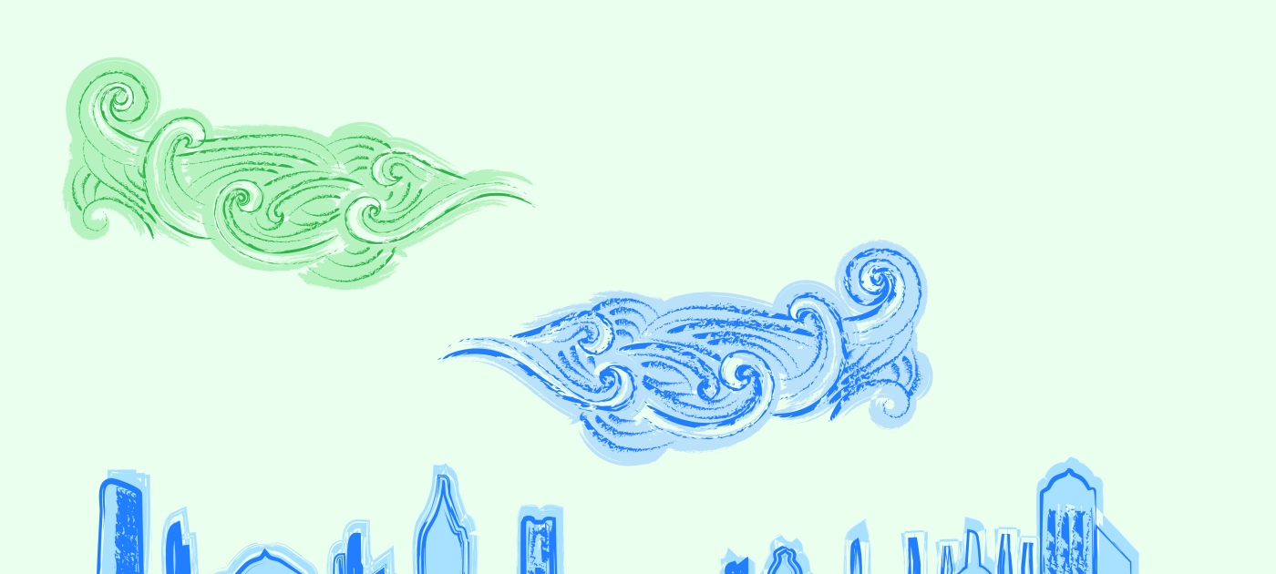Stylized illustration of swirling green and blue air currents above a blue urban skyline.