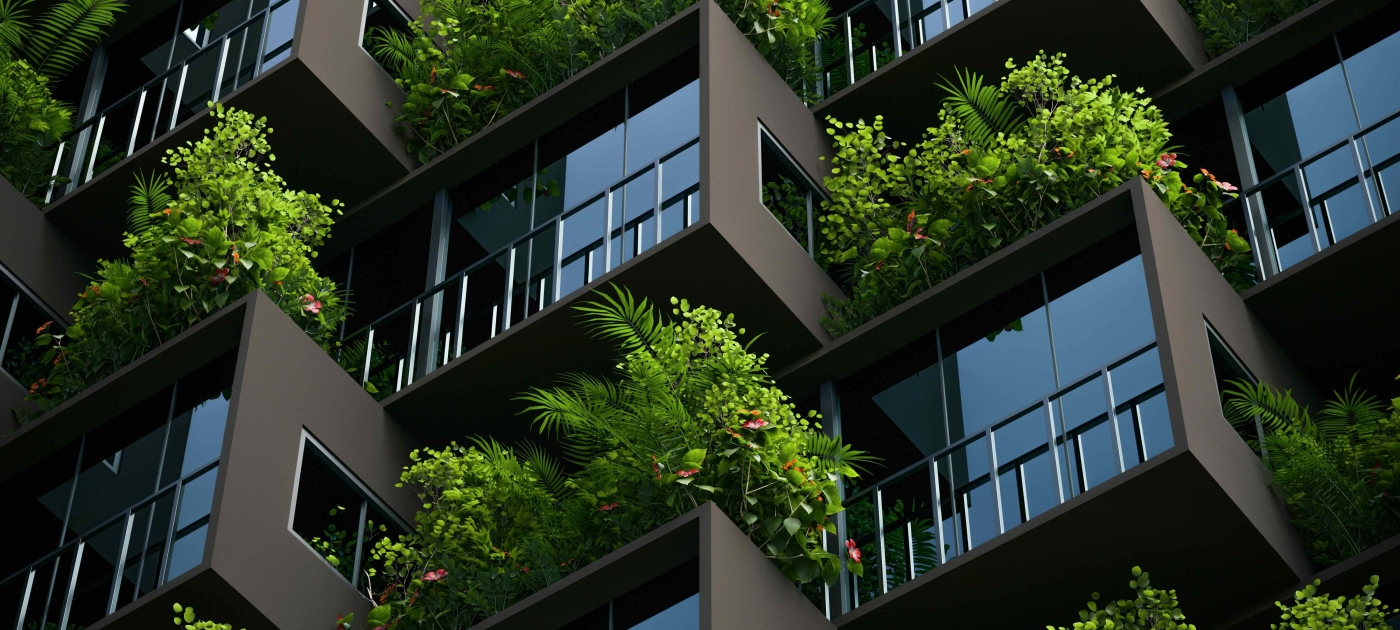 Tall building with windows and greenery