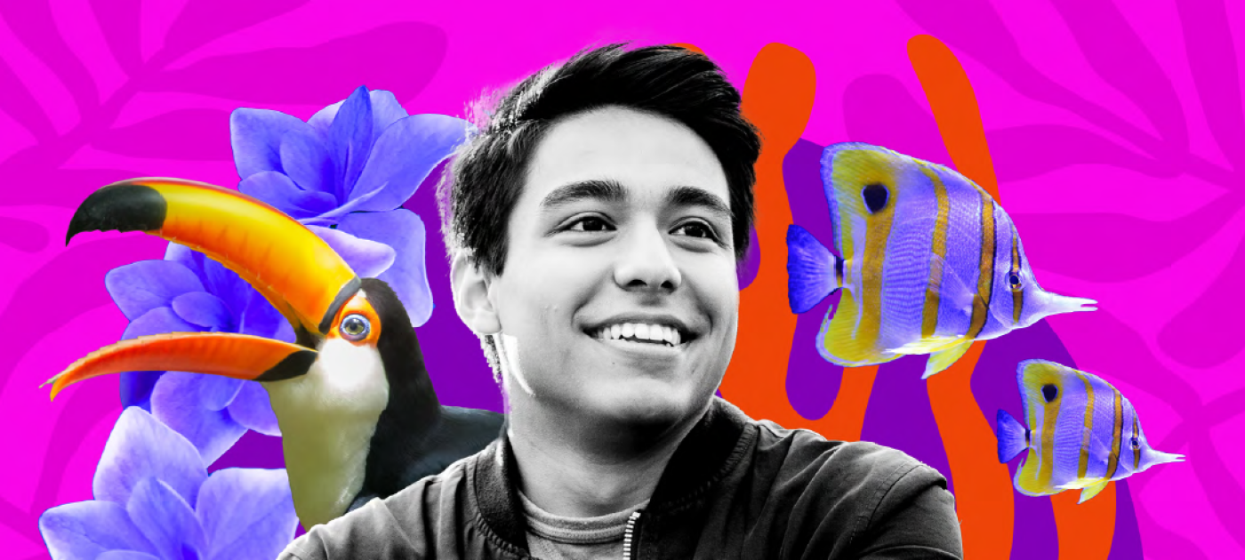An illustration of a young man and animals