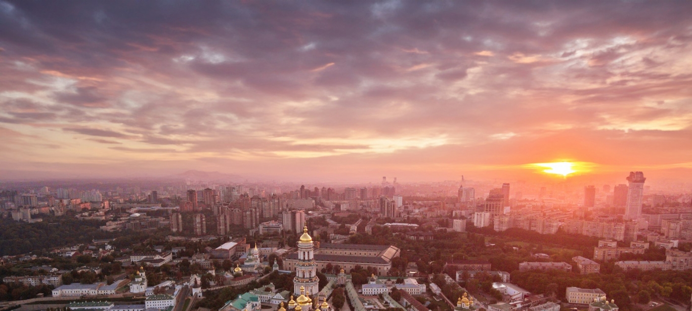 Aerial view of Kyiv at sunset