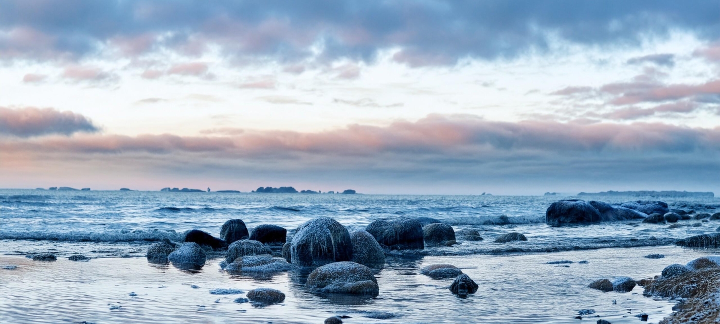 Rocky seashore with shallow water, waves, and a cloudy sky.