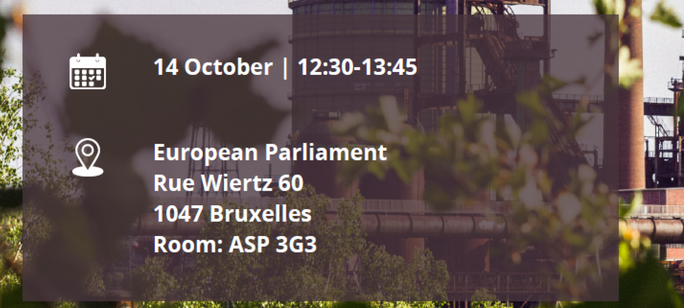 Date and time of the event '14 October, 12:30 - 13:45) at the European Parliament in Brussels, room ASP 3G3