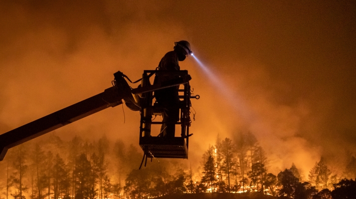 Glass Fire burns as an employee installs fiber optic cable in Calistoga, California, September 2020