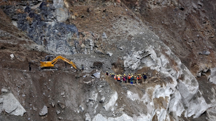 Rescue operation after part of a glacier broke away in Uttarakhand, India, February 2021