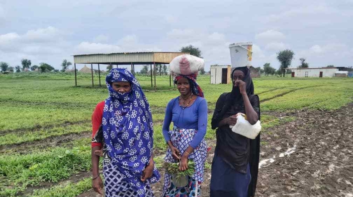 Mulheres de pé em um vilarejo