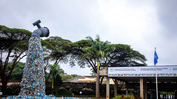 A photo of the plastic tap art installation at the UN Office in Nairobi