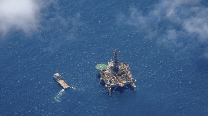 An oil platform from above