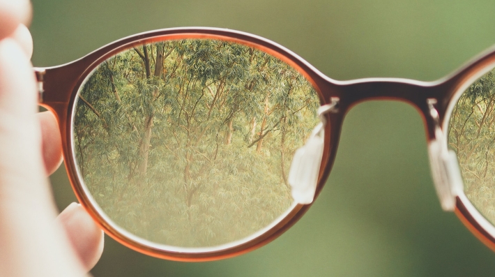 Photo of a person holding brown eyeglasses with green trees background