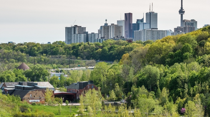 City of Toronto - Remediated quarry at Don Valley Brick Works Park with Toronto Skyline
