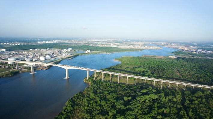 An aerial view of a bridge over a river