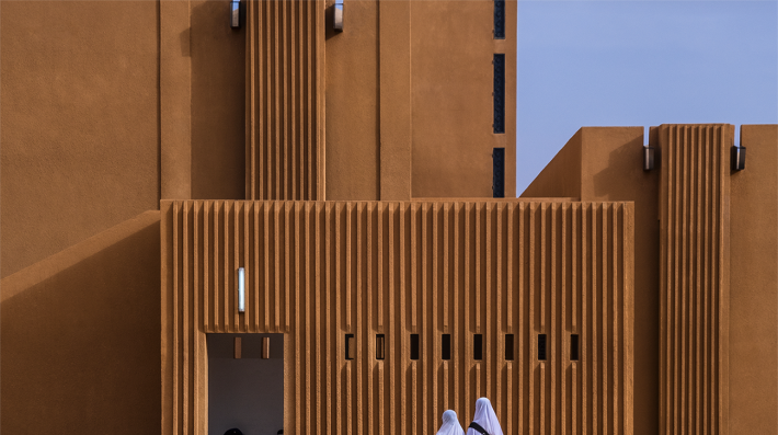 The exterior of an earthen brick mosque