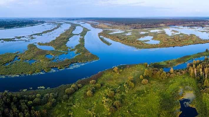 Aerial view of the river of Kama and its wetlands, Russia.