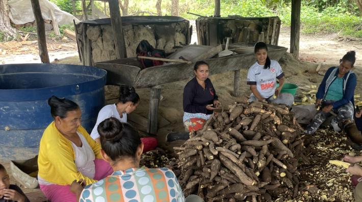Mulheres descascam mandioca que depois será beneficiada e vendida