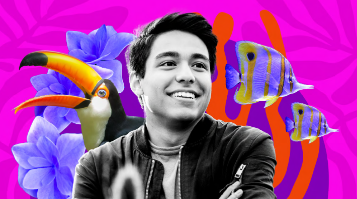 An illustration of a young man and animals