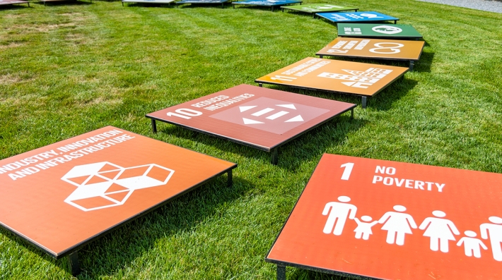 Sustainable Development Goals boards on a lawn